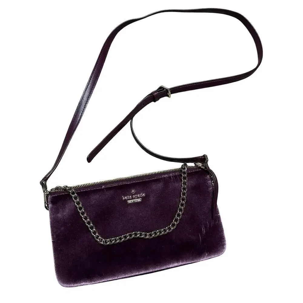 Kate Spade New York Tillie Evening Bag Purple Velvet Clutch Chain Strap
